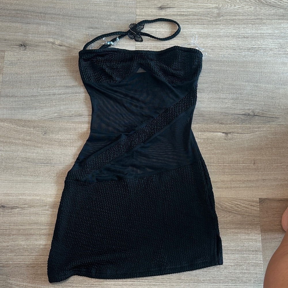 Women's Black Mesh & Knit Strapless Dress